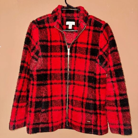 Calvin Klein Red Plaid Fleece Sherpa Jacket - Size Small - Picture 1 of 8